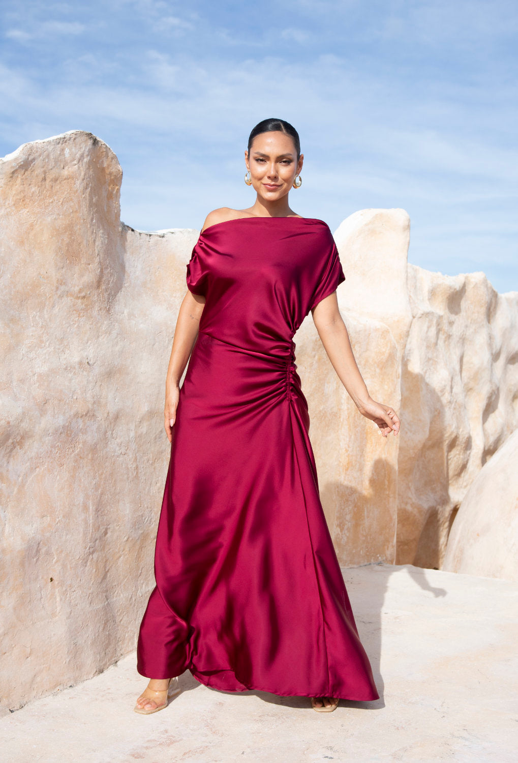 Ellie Glamour Satin Dress in Claret Satin