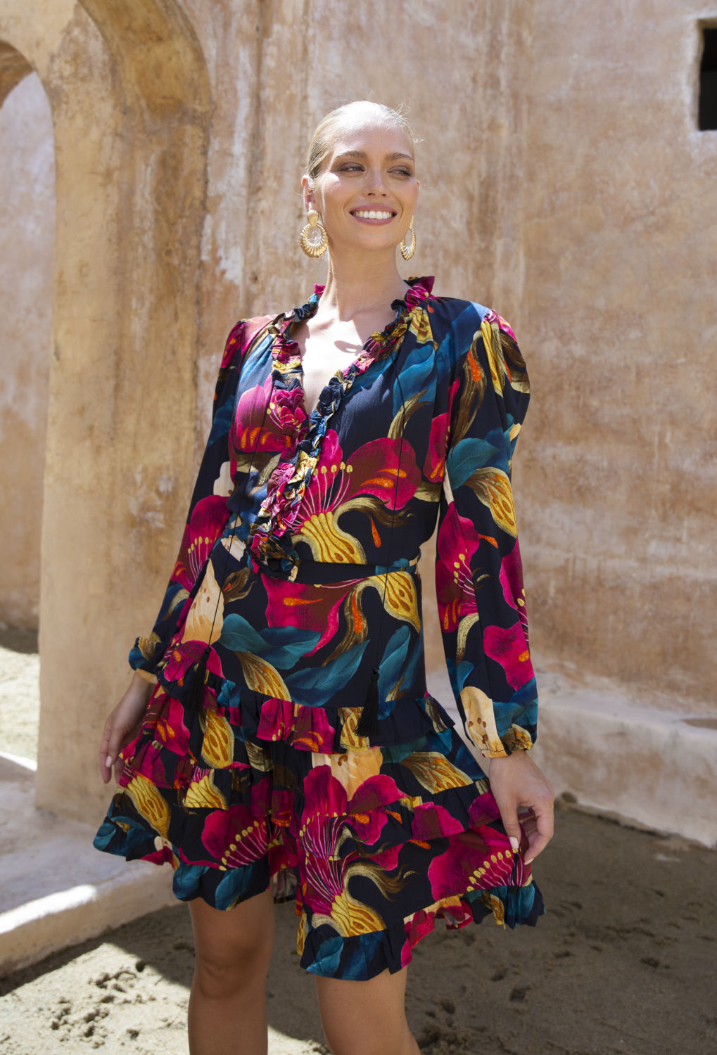 Elizabeth Long Sleeve Frill Dress 6 / Black Vintage Floral / Rayon