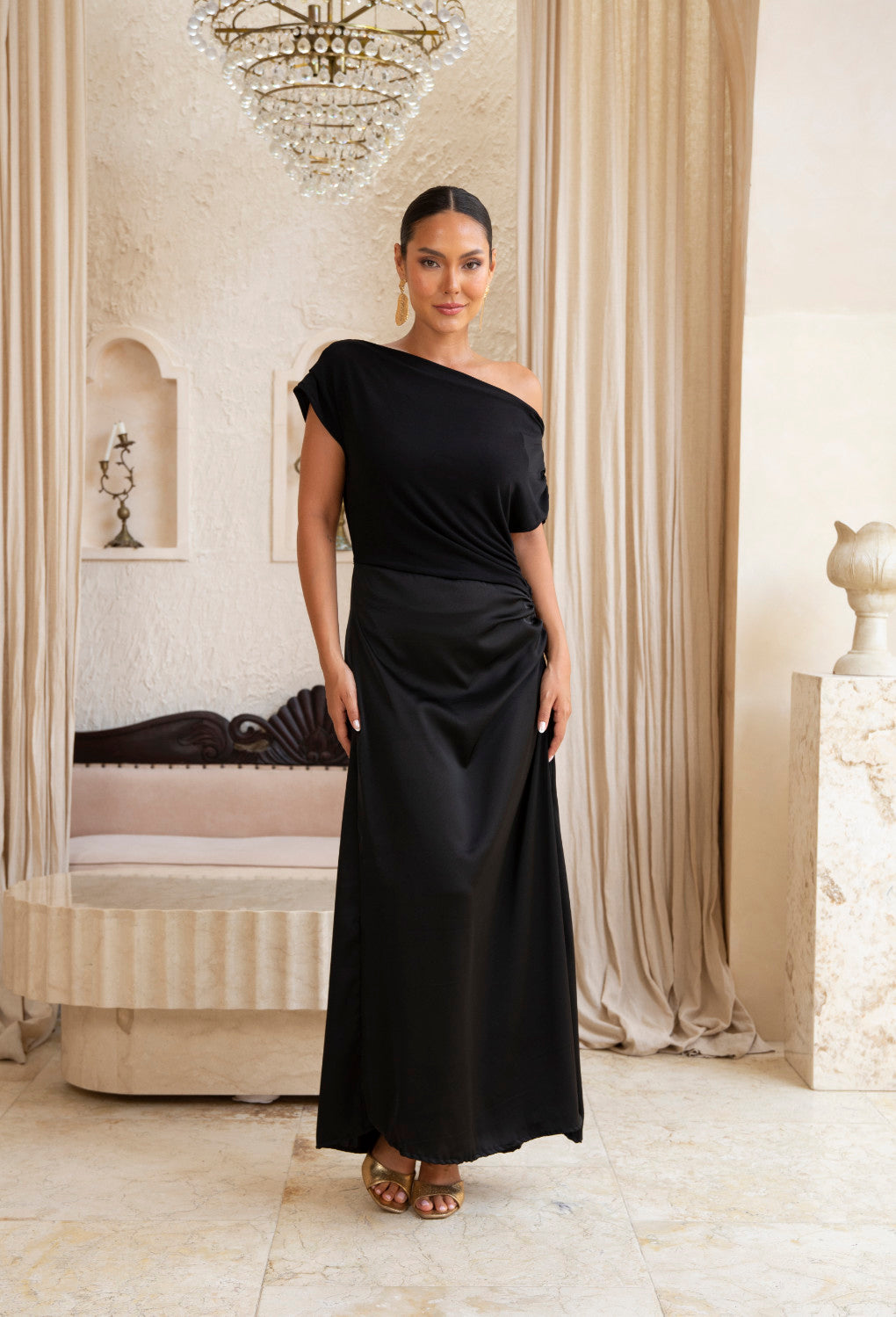 mauve bridesmaid dress Lulu Glamour Dress 14 / Black / Slinky Knit-Crinkle Satin
