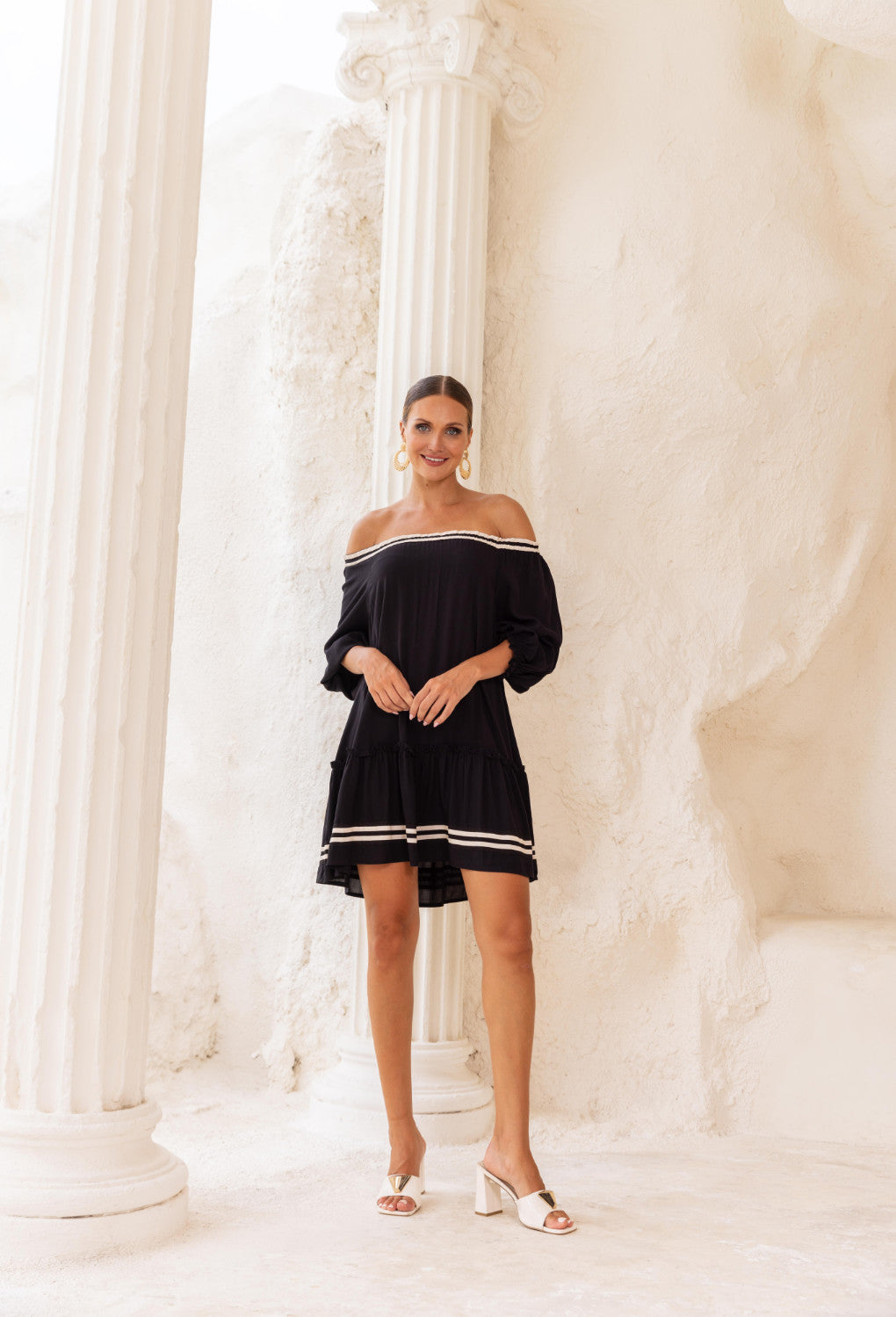 black off the shoulder swing dress Ava Off The Shoulder Swing Dress 16 / Black-Stripe Border / Rayon