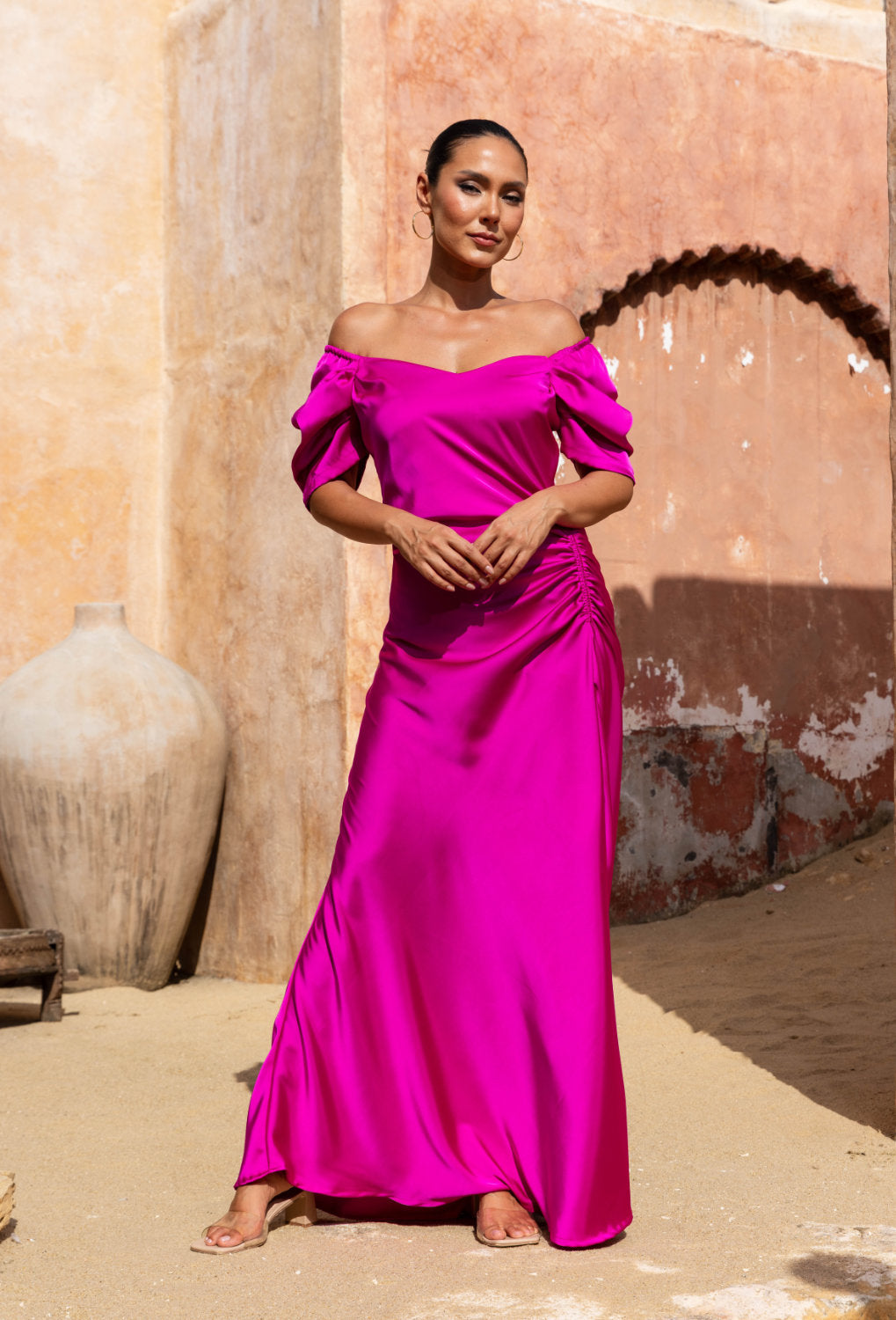 lustrous heart maxi dress Long Sleeve Embellished Heart Cut Out Maxi Dress Hot Pink