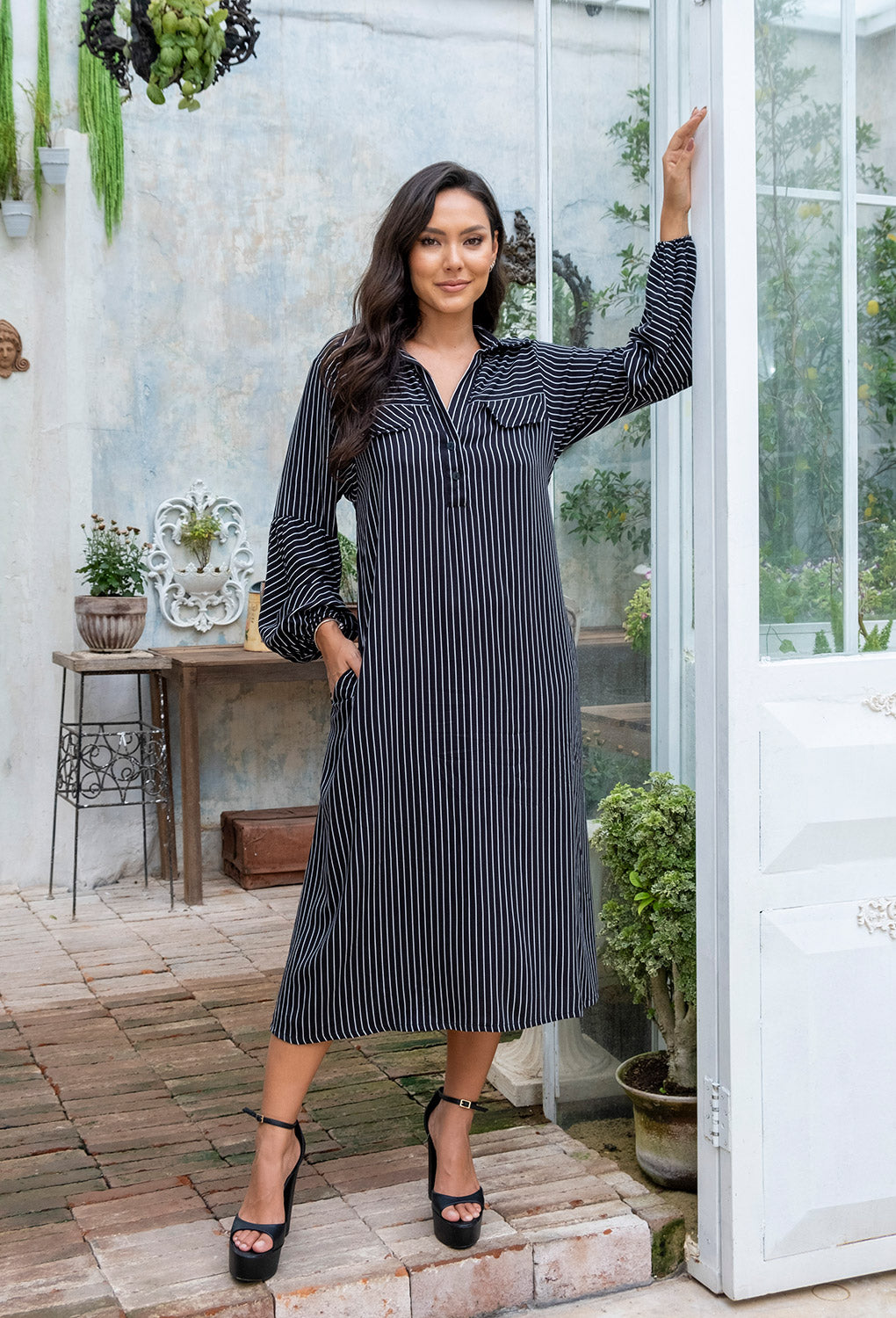 Zoey Midi Dress 24 / Black Stripe / Rayon